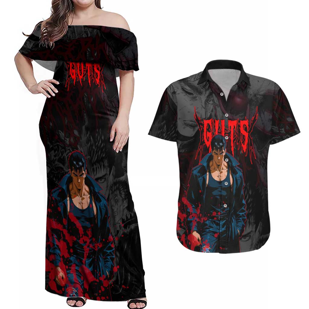 Guts Berserk Dark Theme Couples Matching Off Shoulder Maxi Dress and Hawaiian Shirt with Blood Splatter and Intense Warrior Expression Design - The Mazicc
