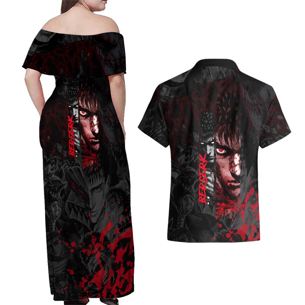 Guts Berserk Dark Theme Couples Matching Off Shoulder Maxi Dress and Hawaiian Shirt with Blood Splatter and Intense Warrior Expression Design - The Mazicc