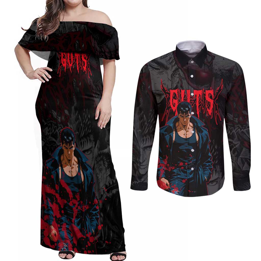 Guts Berserk Dark Theme Couples Matching Off Shoulder Maxi Dress and Long Sleeve Button Shirt with Blood Splatter and Intense Warrior Expression Design - The Mazicc