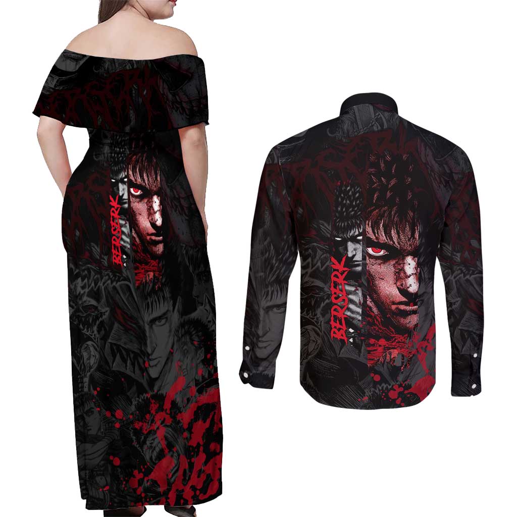 Guts Berserk Dark Theme Couples Matching Off Shoulder Maxi Dress and Long Sleeve Button Shirt with Blood Splatter and Intense Warrior Expression Design - The Mazicc