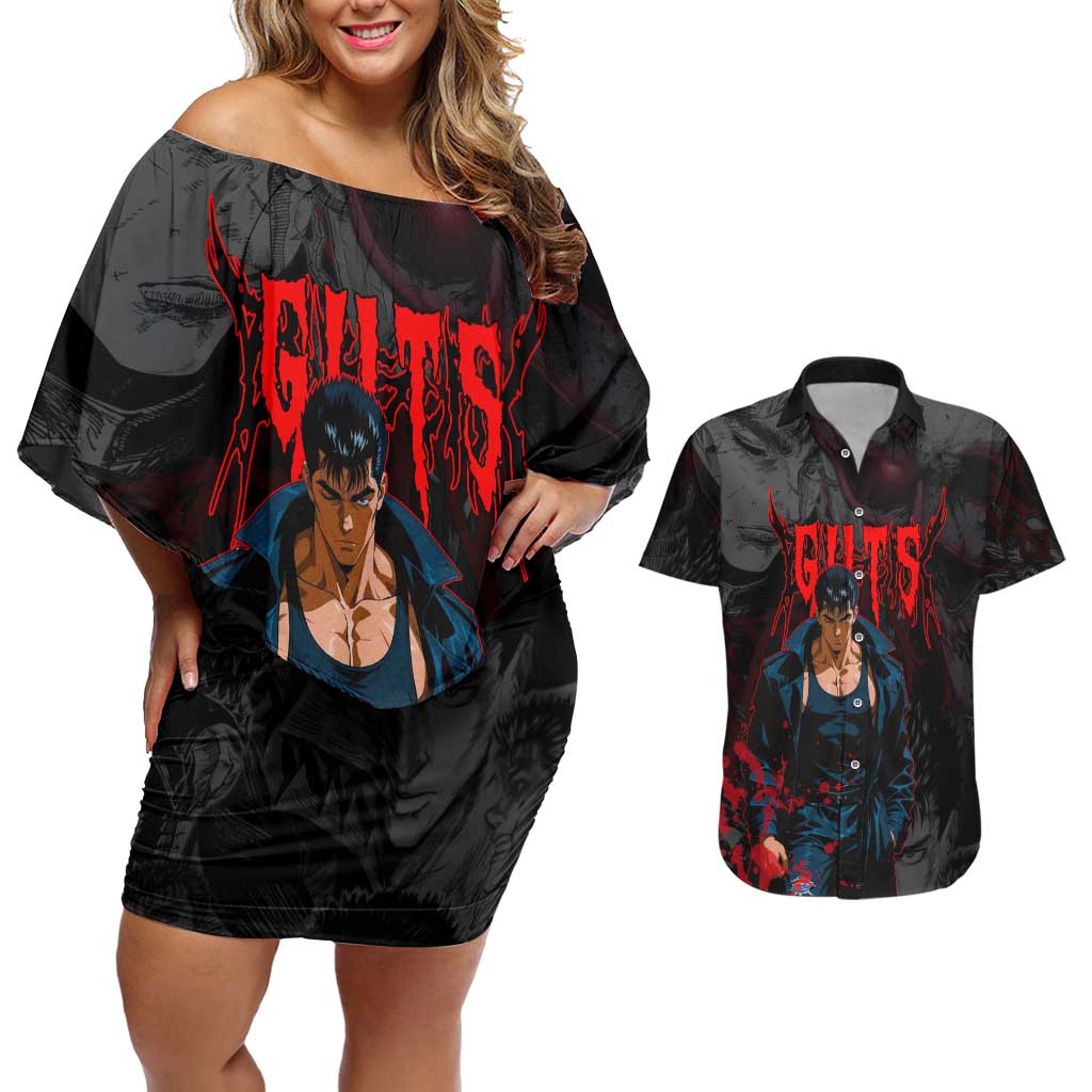 Guts Berserk Dark Theme Couples Matching Off Shoulder Short Dress and Hawaiian Shirt with Blood Splatter and Intense Warrior Expression Design - The Mazicc