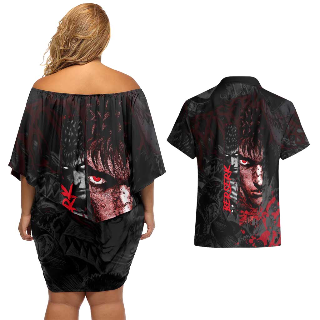 Guts Berserk Dark Theme Couples Matching Off Shoulder Short Dress and Hawaiian Shirt with Blood Splatter and Intense Warrior Expression Design - The Mazicc