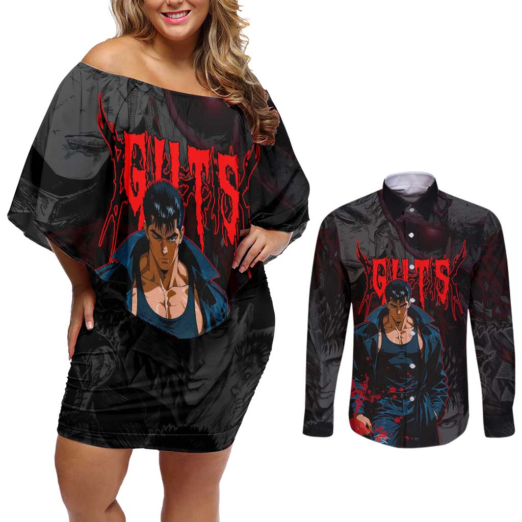 Guts Berserk Dark Theme Couples Matching Off Shoulder Short Dress and Long Sleeve Button Shirt with Blood Splatter and Intense Warrior Expression Design - The Mazicc