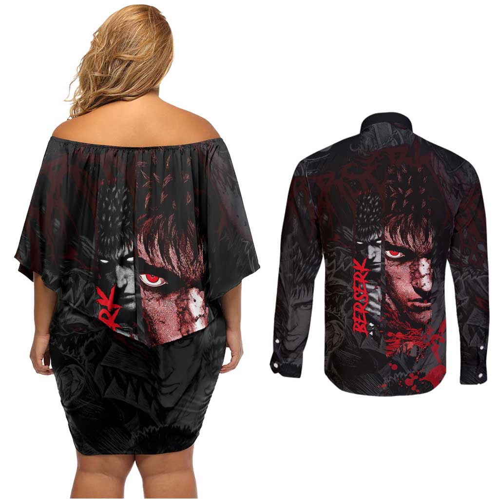 Guts Berserk Dark Theme Couples Matching Off Shoulder Short Dress and Long Sleeve Button Shirt with Blood Splatter and Intense Warrior Expression Design - The Mazicc