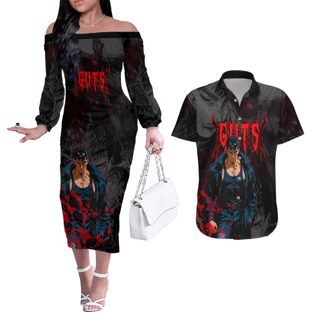 Guts Berserk Dark Theme Couples Matching Off The Shoulder Long Sleeve Dress and Hawaiian Shirt with Blood Splatter and Intense Warrior Expression Design - The Mazicc