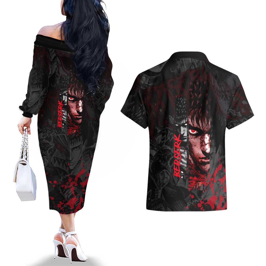 Guts Berserk Dark Theme Couples Matching Off The Shoulder Long Sleeve Dress and Hawaiian Shirt with Blood Splatter and Intense Warrior Expression Design - The Mazicc