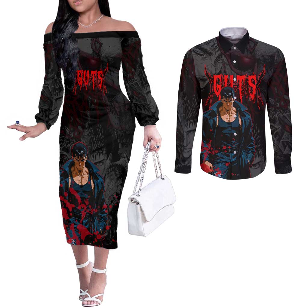 Guts Berserk Dark Theme Couples Matching Off The Shoulder Long Sleeve Dress and Long Sleeve Button Shirt with Blood Splatter and Intense Warrior Expression Design - The Mazicc