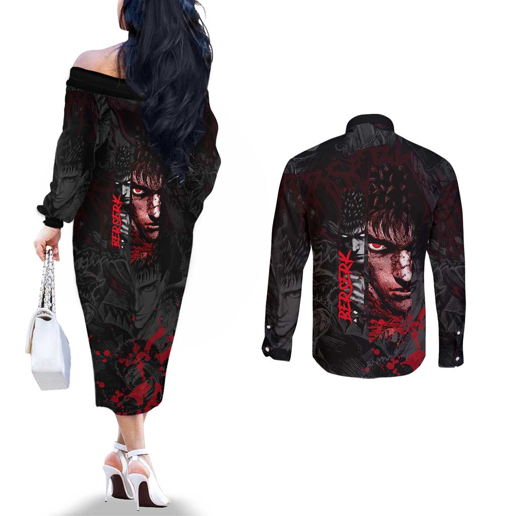 Guts Berserk Dark Theme Couples Matching Off The Shoulder Long Sleeve Dress and Long Sleeve Button Shirt with Blood Splatter and Intense Warrior Expression Design - The Mazicc