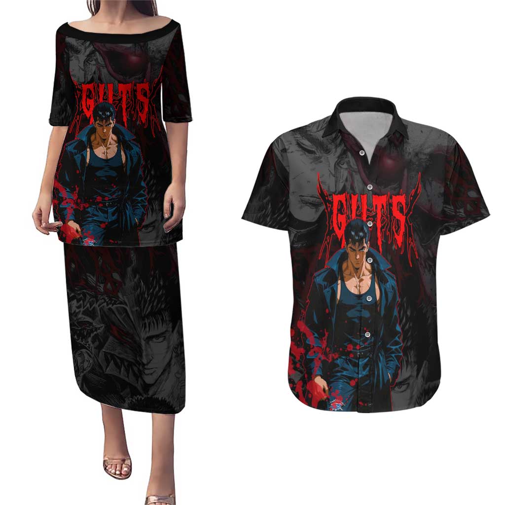 Guts Berserk Dark Theme Couples Matching Puletasi and Hawaiian Shirt with Blood Splatter and Intense Warrior Expression Design - The Mazicc