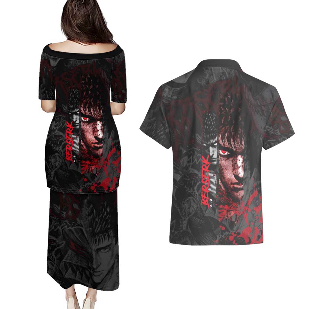 Guts Berserk Dark Theme Couples Matching Puletasi and Hawaiian Shirt with Blood Splatter and Intense Warrior Expression Design - The Mazicc