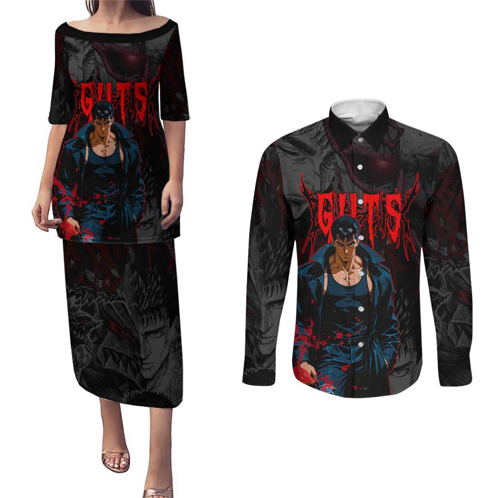 Guts Berserk Dark Theme Couples Matching Puletasi and Long Sleeve Button Shirt with Blood Splatter and Intense Warrior Expression Design - The Mazicc