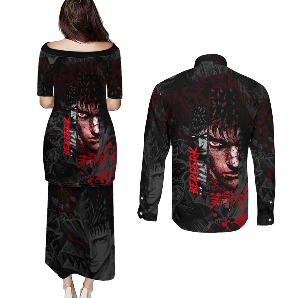 Guts Berserk Dark Theme Couples Matching Puletasi and Long Sleeve Button Shirt with Blood Splatter and Intense Warrior Expression Design - The Mazicc