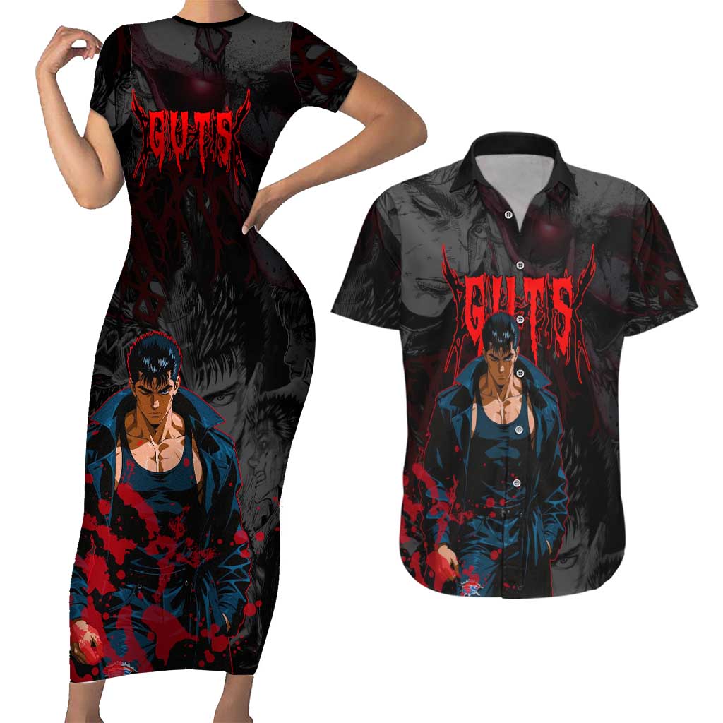 Guts Berserk Dark Theme Couples Matching Short Sleeve Bodycon Dress and Hawaiian Shirt with Blood Splatter and Intense Warrior Expression Design - The Mazicc
