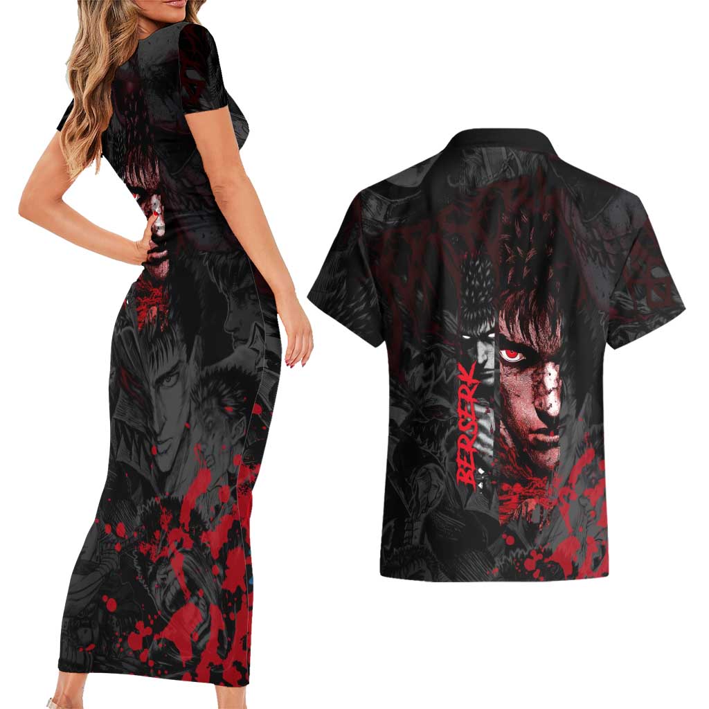 Guts Berserk Dark Theme Couples Matching Short Sleeve Bodycon Dress and Hawaiian Shirt with Blood Splatter and Intense Warrior Expression Design - The Mazicc