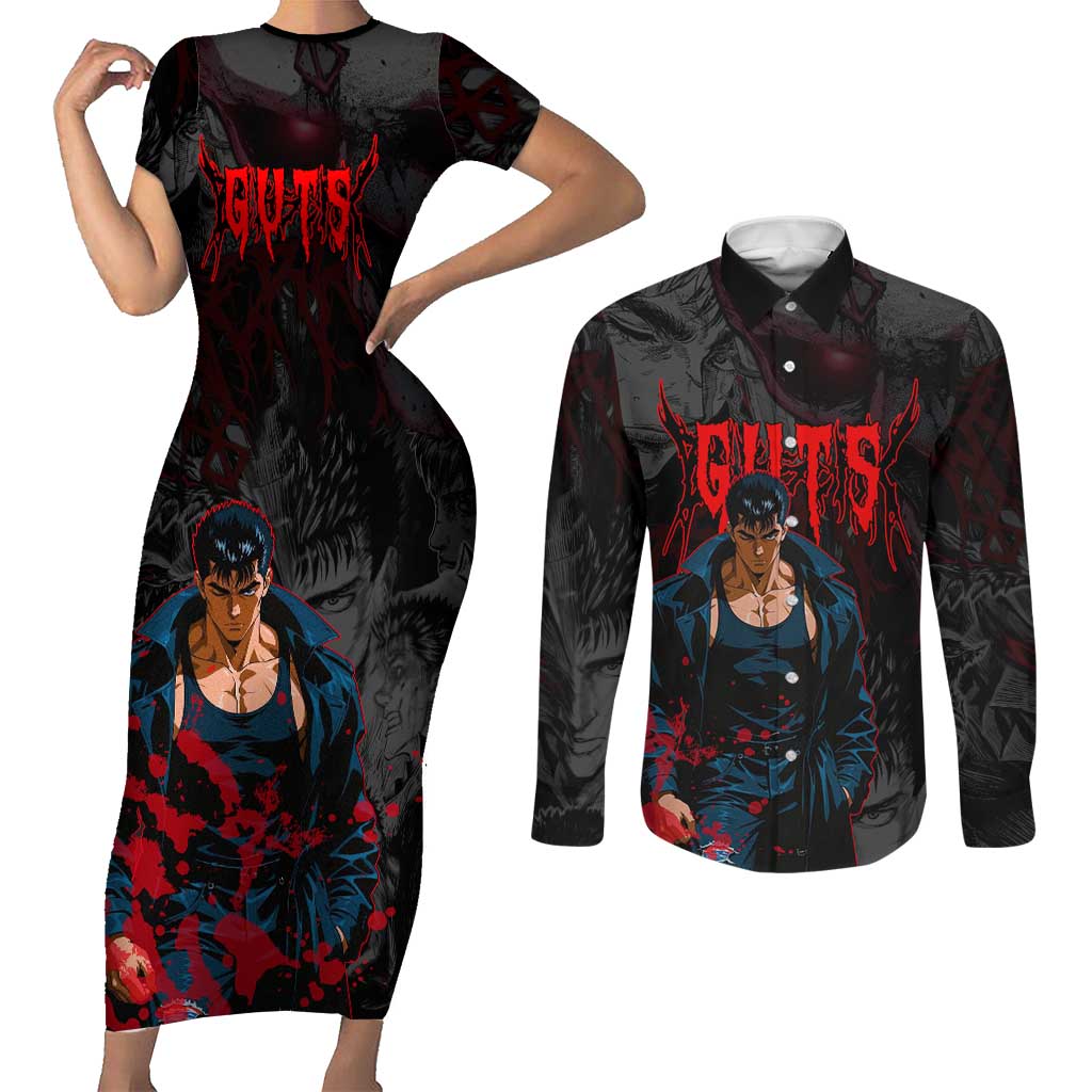 Guts Berserk Dark Theme Couples Matching Short Sleeve Bodycon Dress and Long Sleeve Button Shirt with Blood Splatter and Intense Warrior Expression Design - The Mazicc