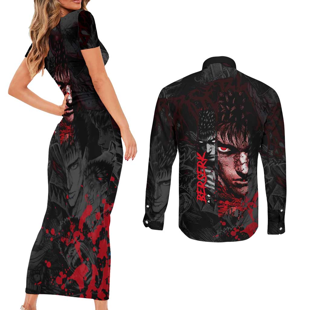 Guts Berserk Dark Theme Couples Matching Short Sleeve Bodycon Dress and Long Sleeve Button Shirt with Blood Splatter and Intense Warrior Expression Design - The Mazicc