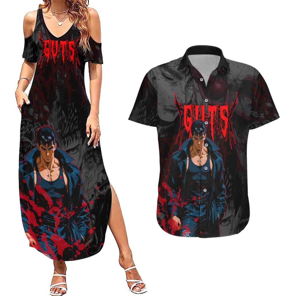 Guts Berserk Dark Theme Couples Matching Summer Maxi Dress and Hawaiian Shirt with Blood Splatter and Intense Warrior Expression Design - The Mazicc