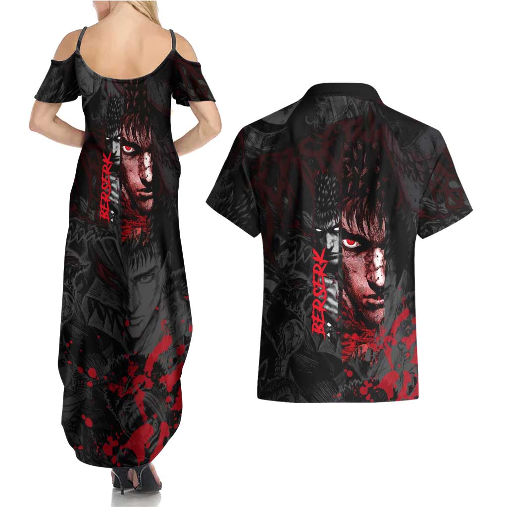 Guts Berserk Dark Theme Couples Matching Summer Maxi Dress and Hawaiian Shirt with Blood Splatter and Intense Warrior Expression Design - The Mazicc