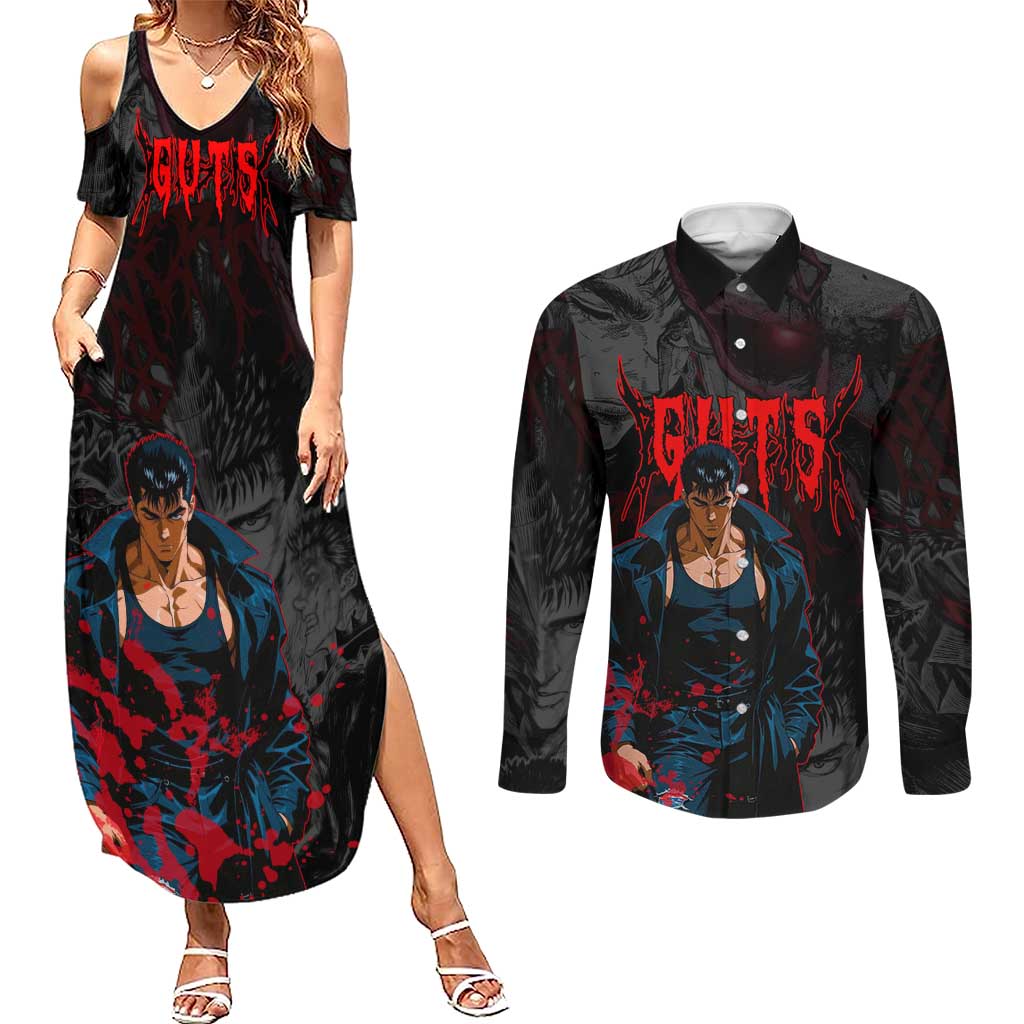 Guts Berserk Dark Theme Couples Matching Summer Maxi Dress and Long Sleeve Button Shirt with Blood Splatter and Intense Warrior Expression Design - The Mazicc