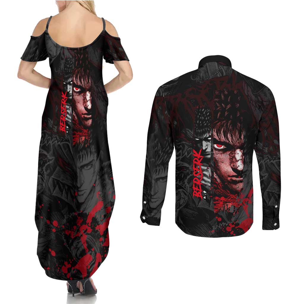 Guts Berserk Dark Theme Couples Matching Summer Maxi Dress and Long Sleeve Button Shirt with Blood Splatter and Intense Warrior Expression Design - The Mazicc