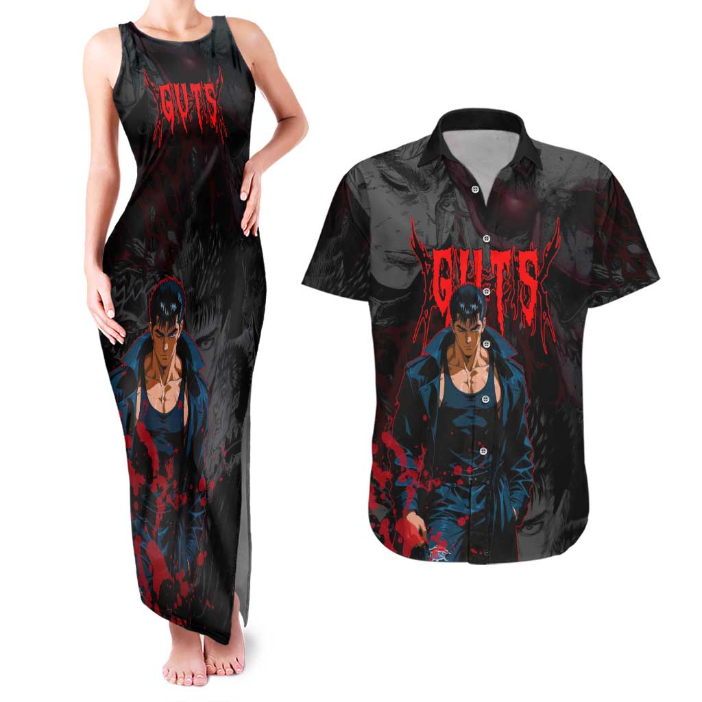 Guts Berserk Dark Theme Couples Matching Tank Maxi Dress and Hawaiian Shirt with Blood Splatter and Intense Warrior Expression Design - The Mazicc