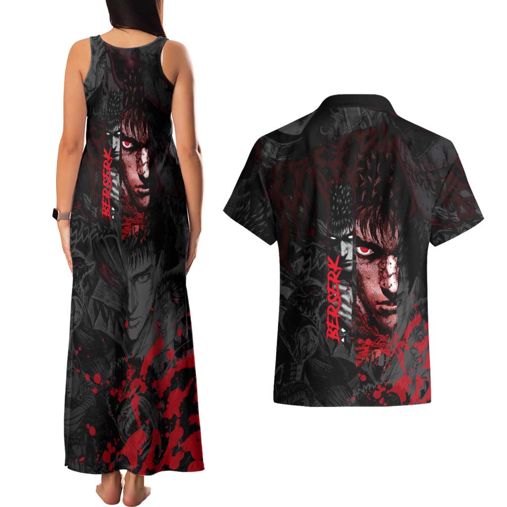 Guts Berserk Dark Theme Couples Matching Tank Maxi Dress and Hawaiian Shirt with Blood Splatter and Intense Warrior Expression Design - The Mazicc