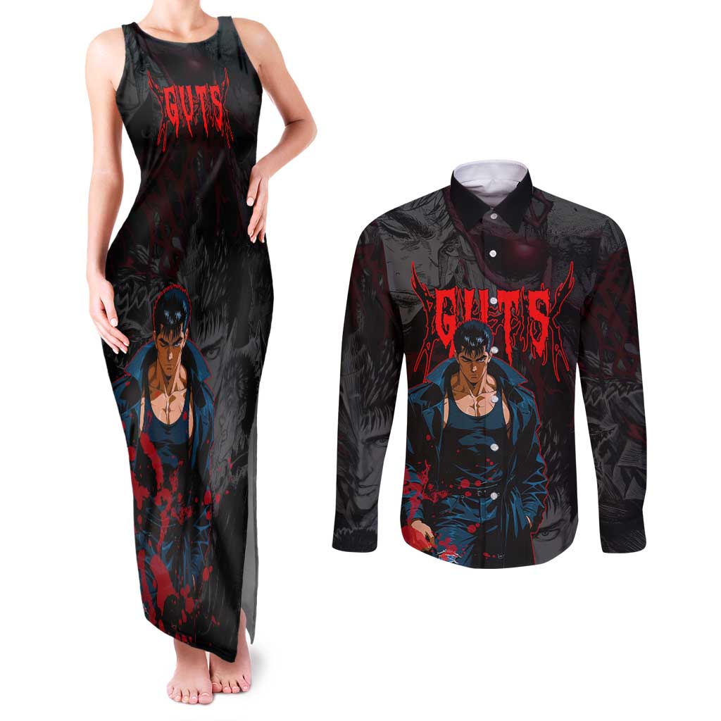 Guts Berserk Dark Theme Couples Matching Tank Maxi Dress and Long Sleeve Button Shirt with Blood Splatter and Intense Warrior Expression Design - The Mazicc