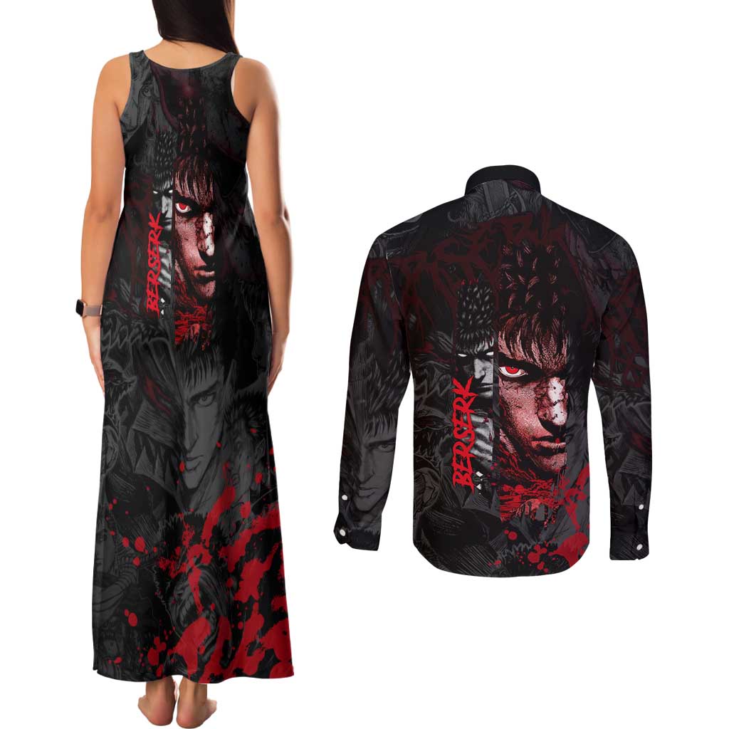 Guts Berserk Dark Theme Couples Matching Tank Maxi Dress and Long Sleeve Button Shirt with Blood Splatter and Intense Warrior Expression Design - The Mazicc