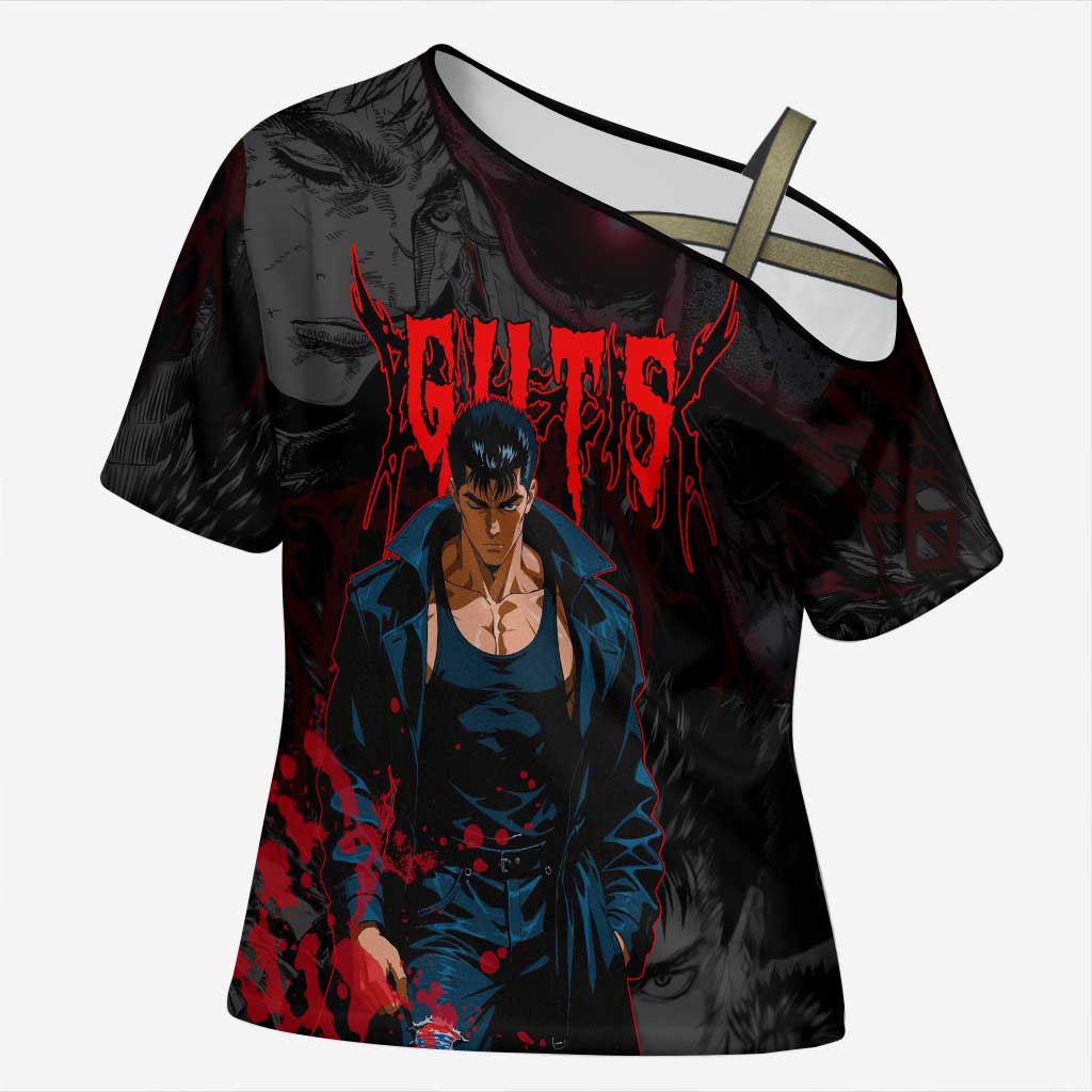 Guts Berserk Dark Theme Cross Shoulder Shirt with Blood Splatter and Intense Warrior Expression Design - The Mazicc