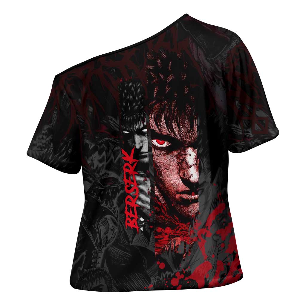 Guts Berserk Dark Theme Cross Shoulder Shirt with Blood Splatter and Intense Warrior Expression Design - The Mazicc