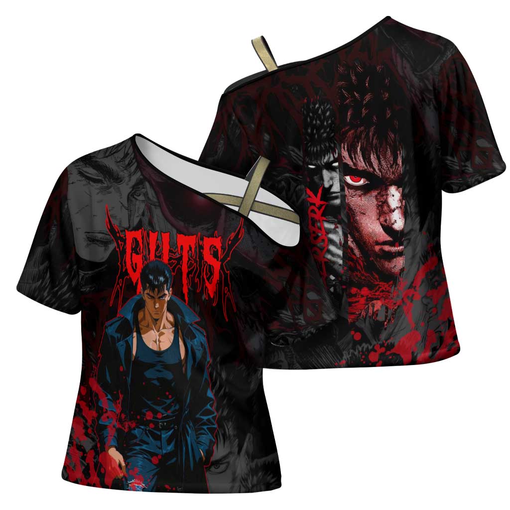 Guts Berserk Dark Theme Cross Shoulder Shirt with Blood Splatter and Intense Warrior Expression Design - The Mazicc