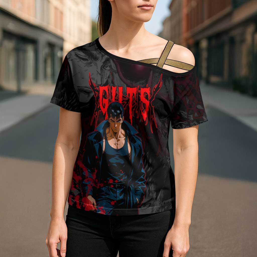 Guts Berserk Dark Theme Cross Shoulder Shirt with Blood Splatter and Intense Warrior Expression Design - The Mazicc