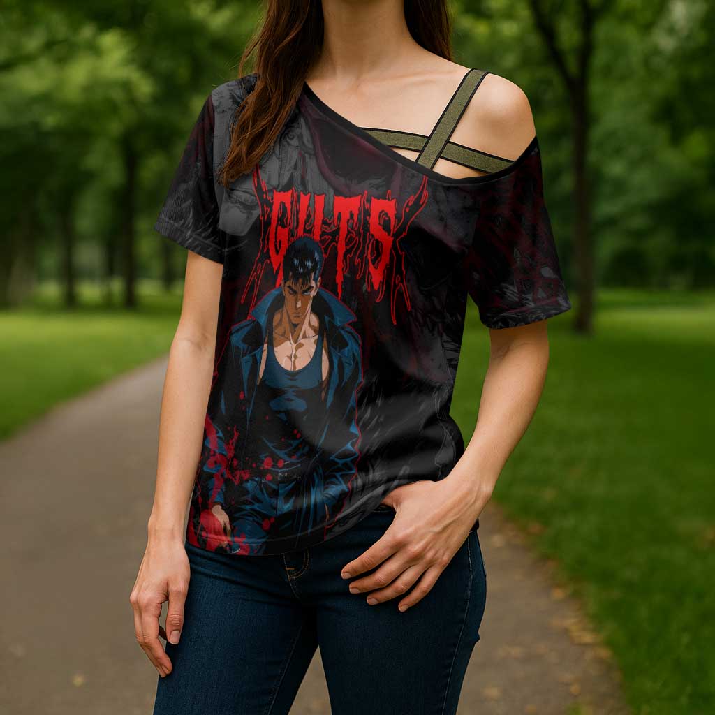 Guts Berserk Dark Theme Cross Shoulder Shirt with Blood Splatter and Intense Warrior Expression Design - The Mazicc