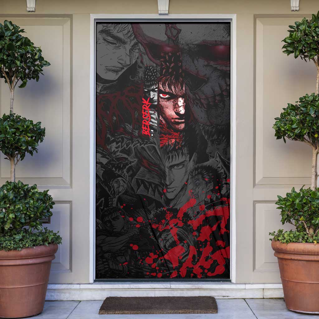 Guts Berserk Dark Theme Door Cover with Blood Splatter and Intense Warrior Expression Design - The Mazicc