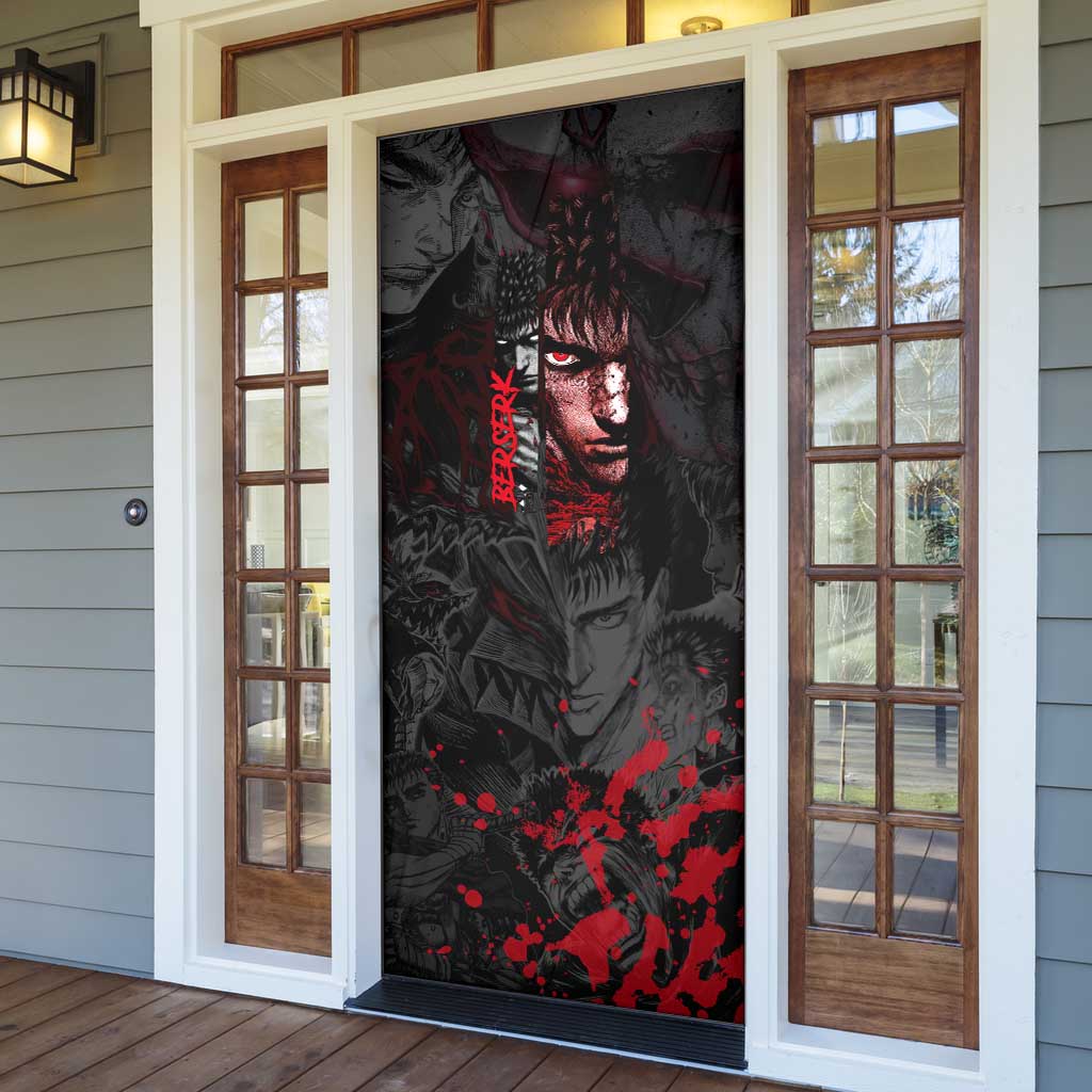Guts Berserk Dark Theme Door Cover with Blood Splatter and Intense Warrior Expression Design - The Mazicc