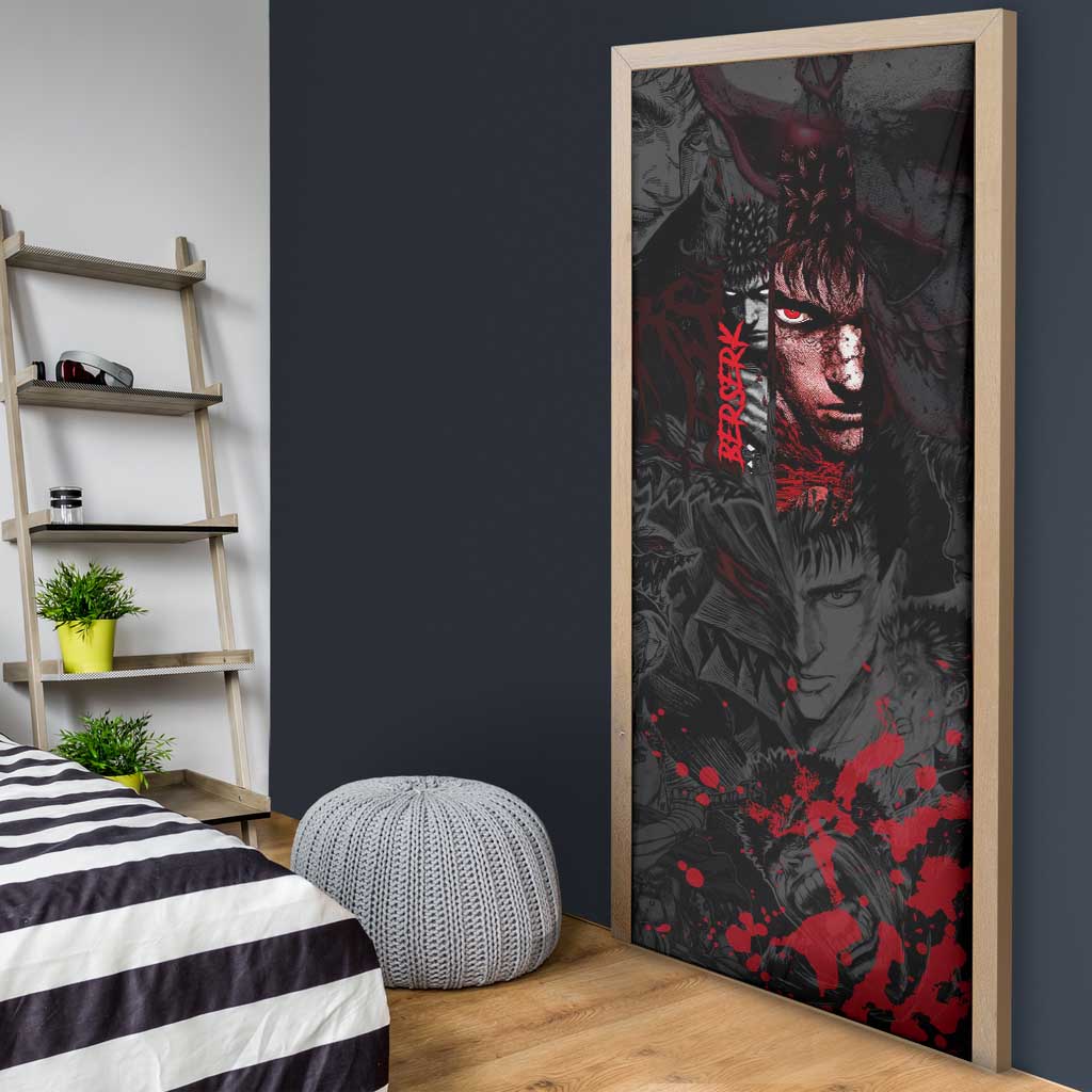 Guts Berserk Dark Theme Door Cover with Blood Splatter and Intense Warrior Expression Design - The Mazicc