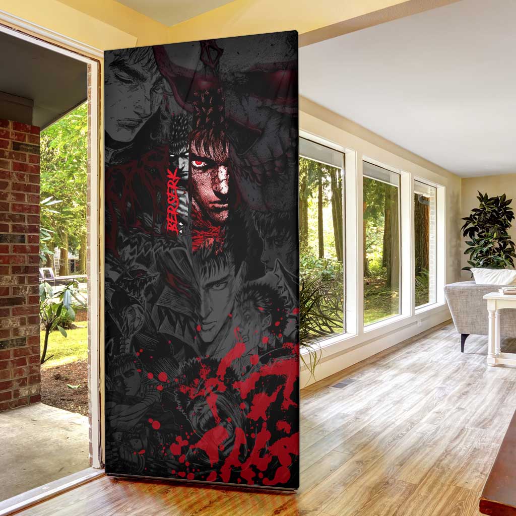Guts Berserk Dark Theme Door Cover with Blood Splatter and Intense Warrior Expression Design - The Mazicc