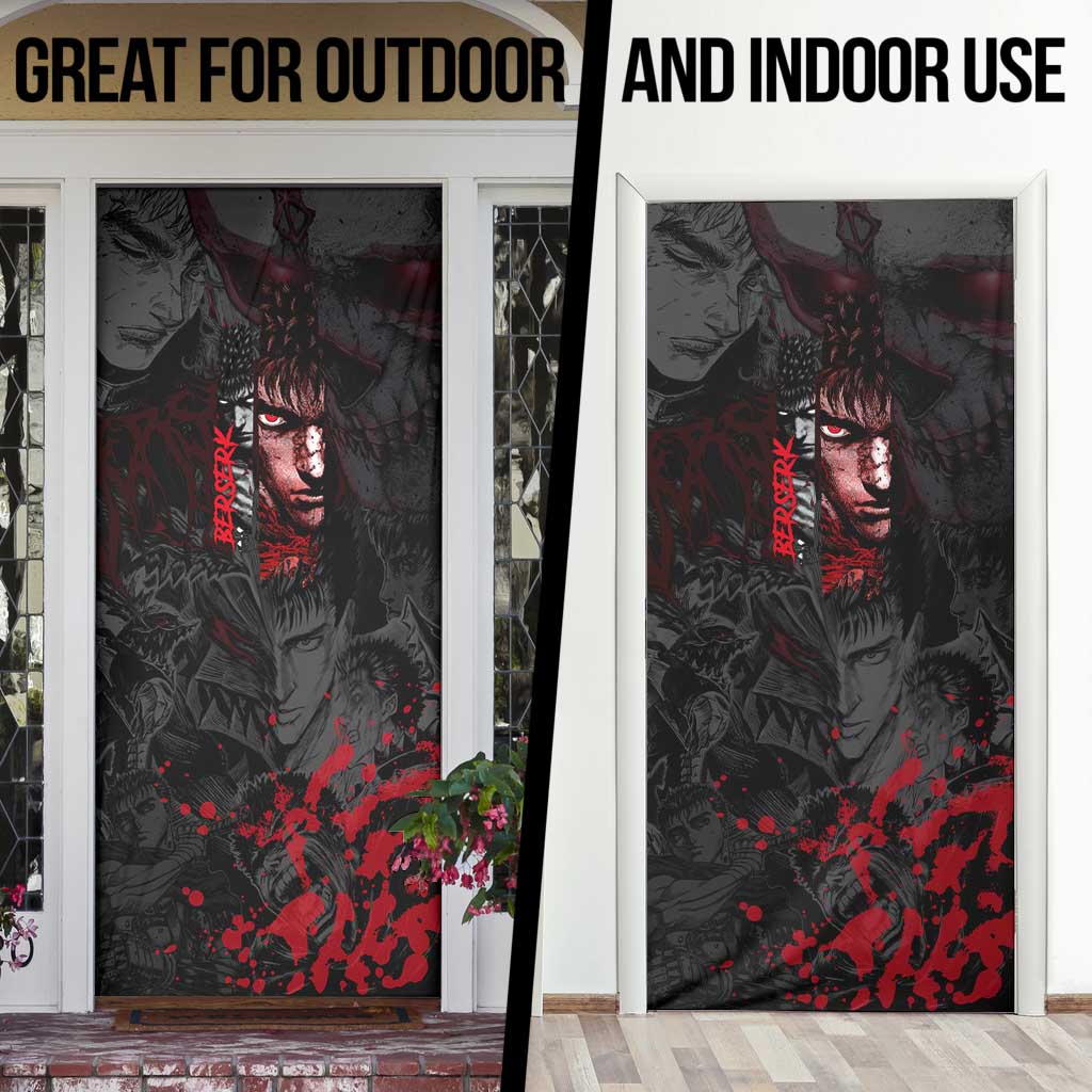 Guts Berserk Dark Theme Door Cover with Blood Splatter and Intense Warrior Expression Design - The Mazicc