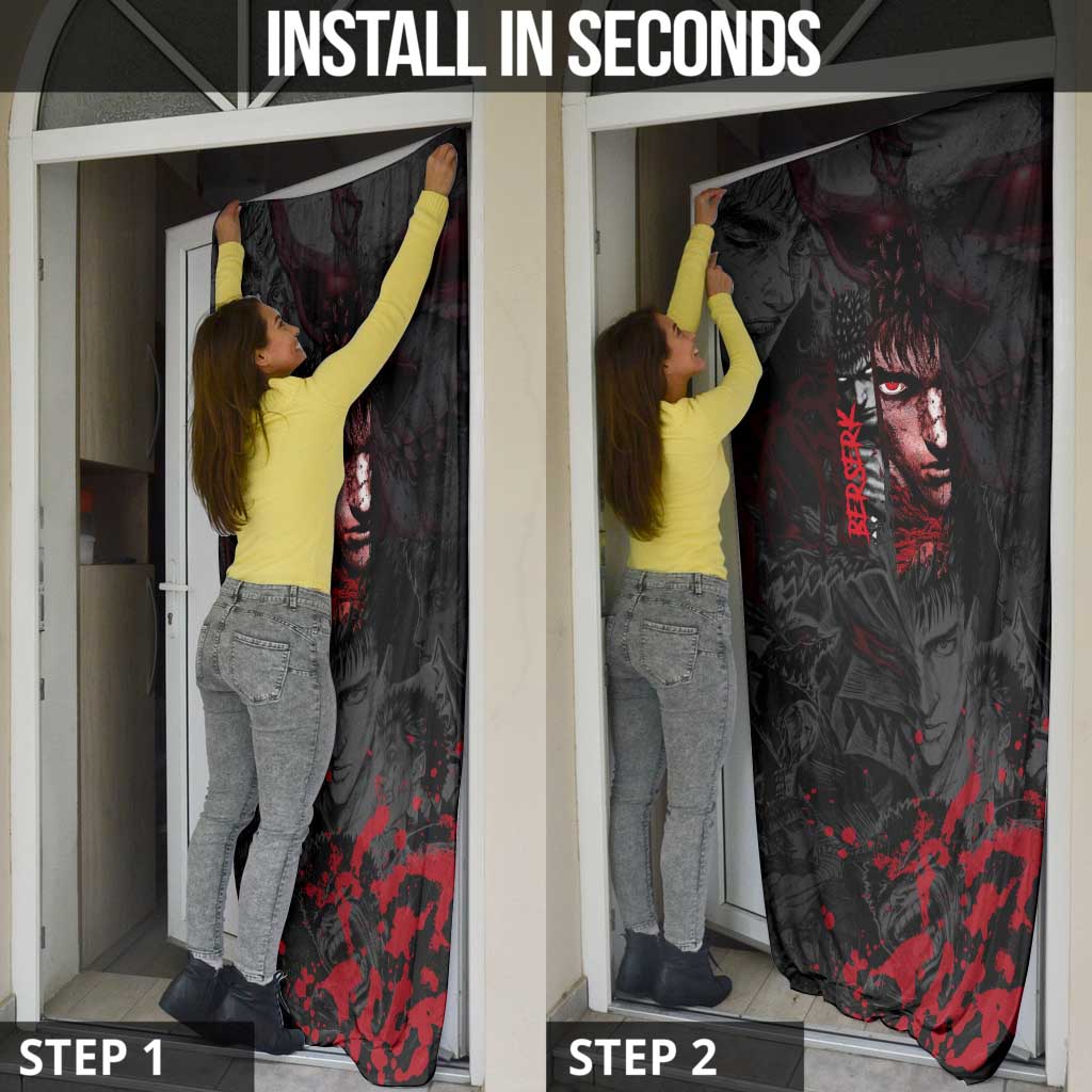 Guts Berserk Dark Theme Door Cover with Blood Splatter and Intense Warrior Expression Design - The Mazicc