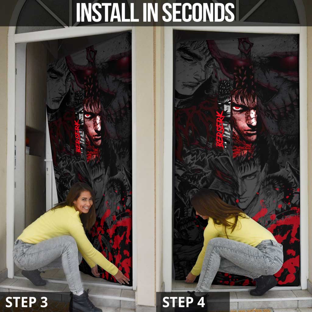 Guts Berserk Dark Theme Door Cover with Blood Splatter and Intense Warrior Expression Design - The Mazicc