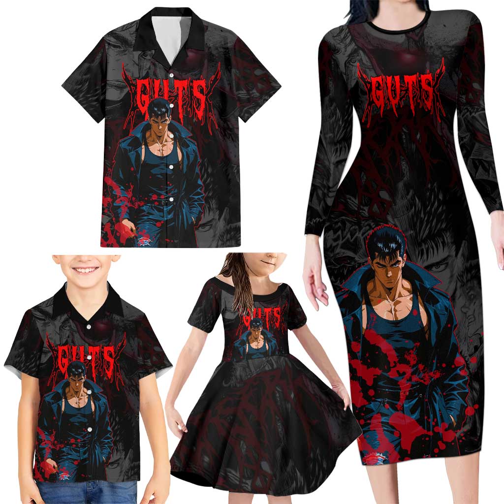 Guts Berserk Dark Theme Family Matching Long Sleeve Bodycon Dress and Hawaiian Shirt with Blood Splatter and Intense Warrior Expression Design