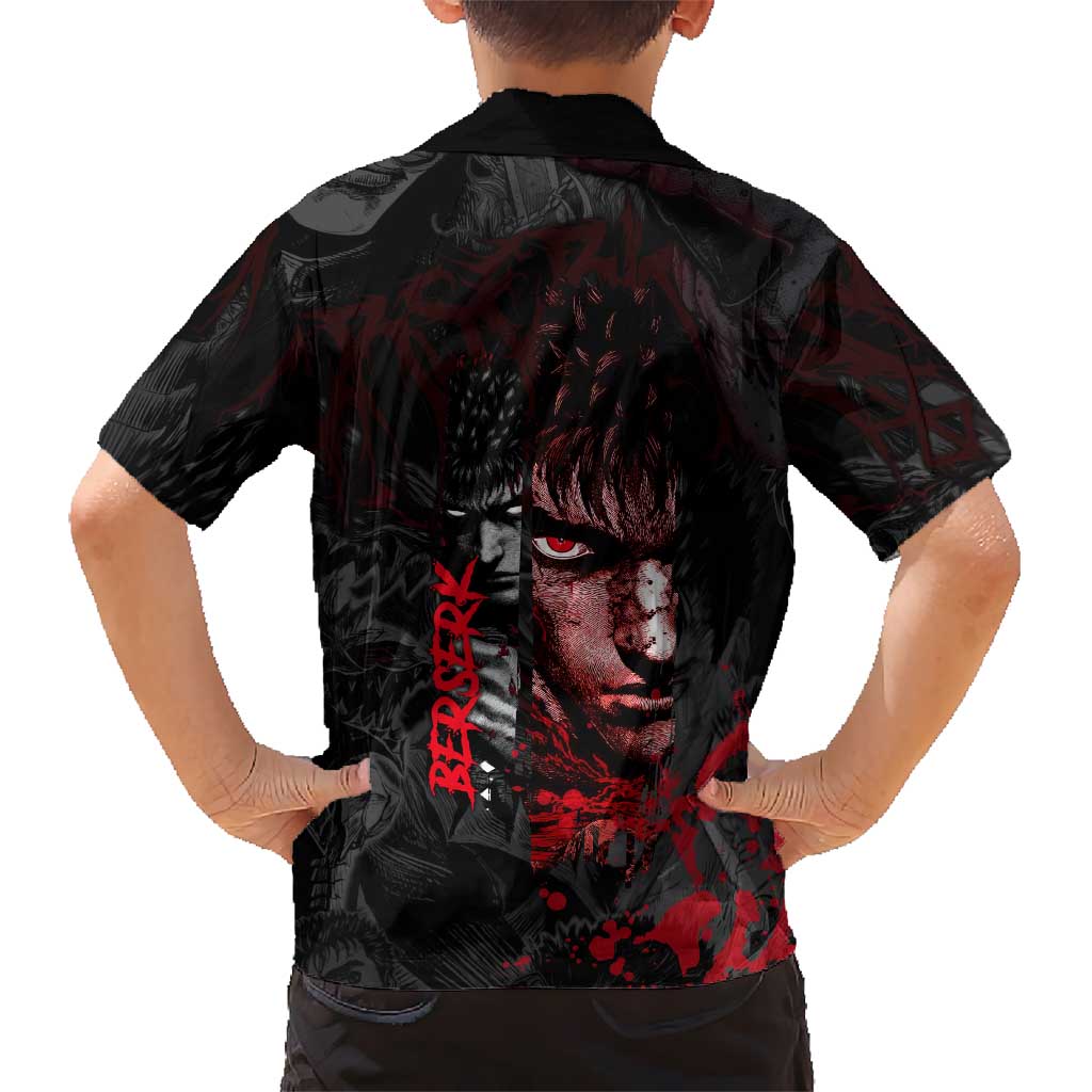 Guts Berserk Dark Theme Family Matching Long Sleeve Bodycon Dress and Hawaiian Shirt with Blood Splatter and Intense Warrior Expression Design