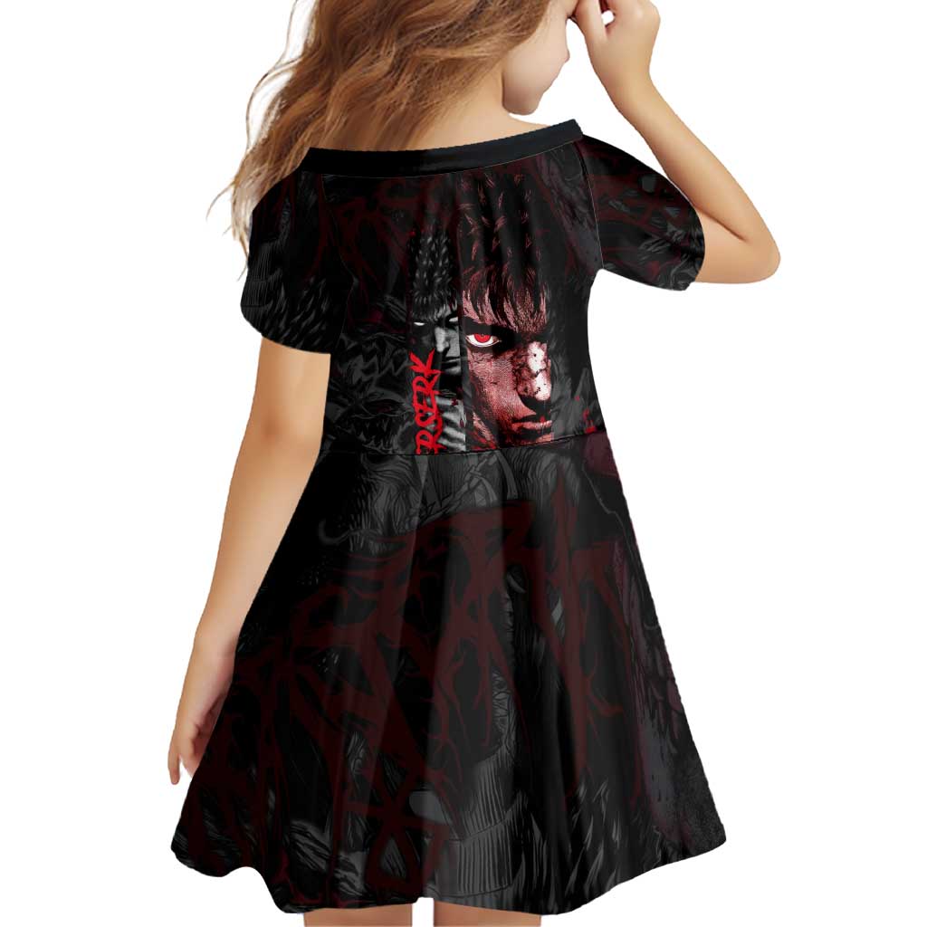 Guts Berserk Dark Theme Family Matching Long Sleeve Bodycon Dress and Hawaiian Shirt with Blood Splatter and Intense Warrior Expression Design