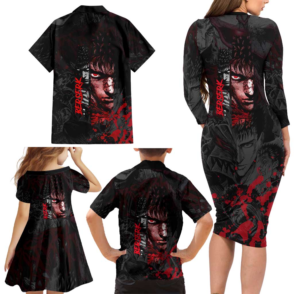 Guts Berserk Dark Theme Family Matching Long Sleeve Bodycon Dress and Hawaiian Shirt with Blood Splatter and Intense Warrior Expression Design