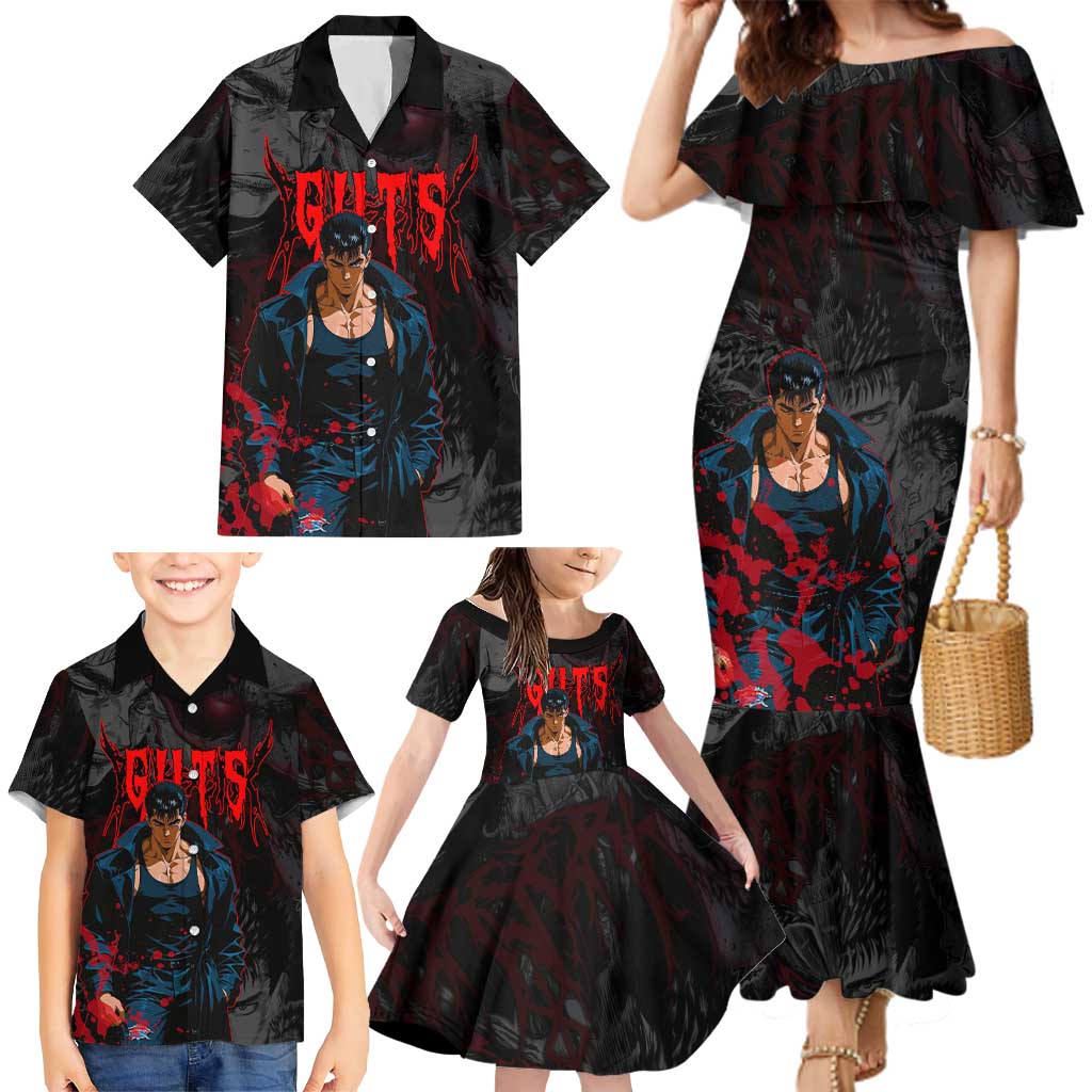 Guts Berserk Dark Theme Family Matching Mermaid Dress and Hawaiian Shirt with Blood Splatter and Intense Warrior Expression Design