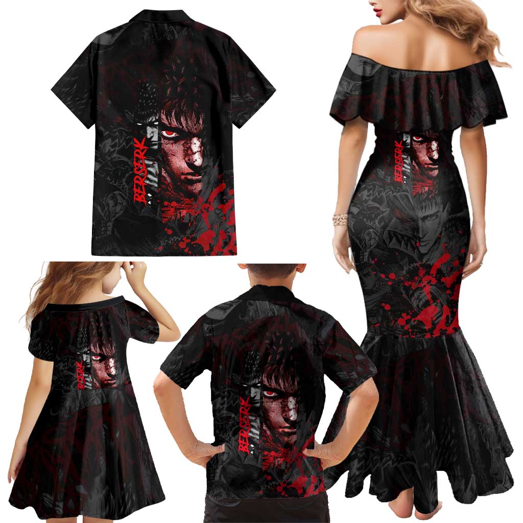 Guts Berserk Dark Theme Family Matching Mermaid Dress and Hawaiian Shirt with Blood Splatter and Intense Warrior Expression Design