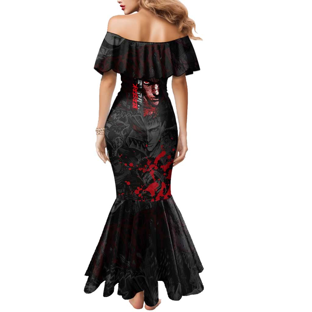 Guts Berserk Dark Theme Family Matching Mermaid Dress and Hawaiian Shirt with Blood Splatter and Intense Warrior Expression Design