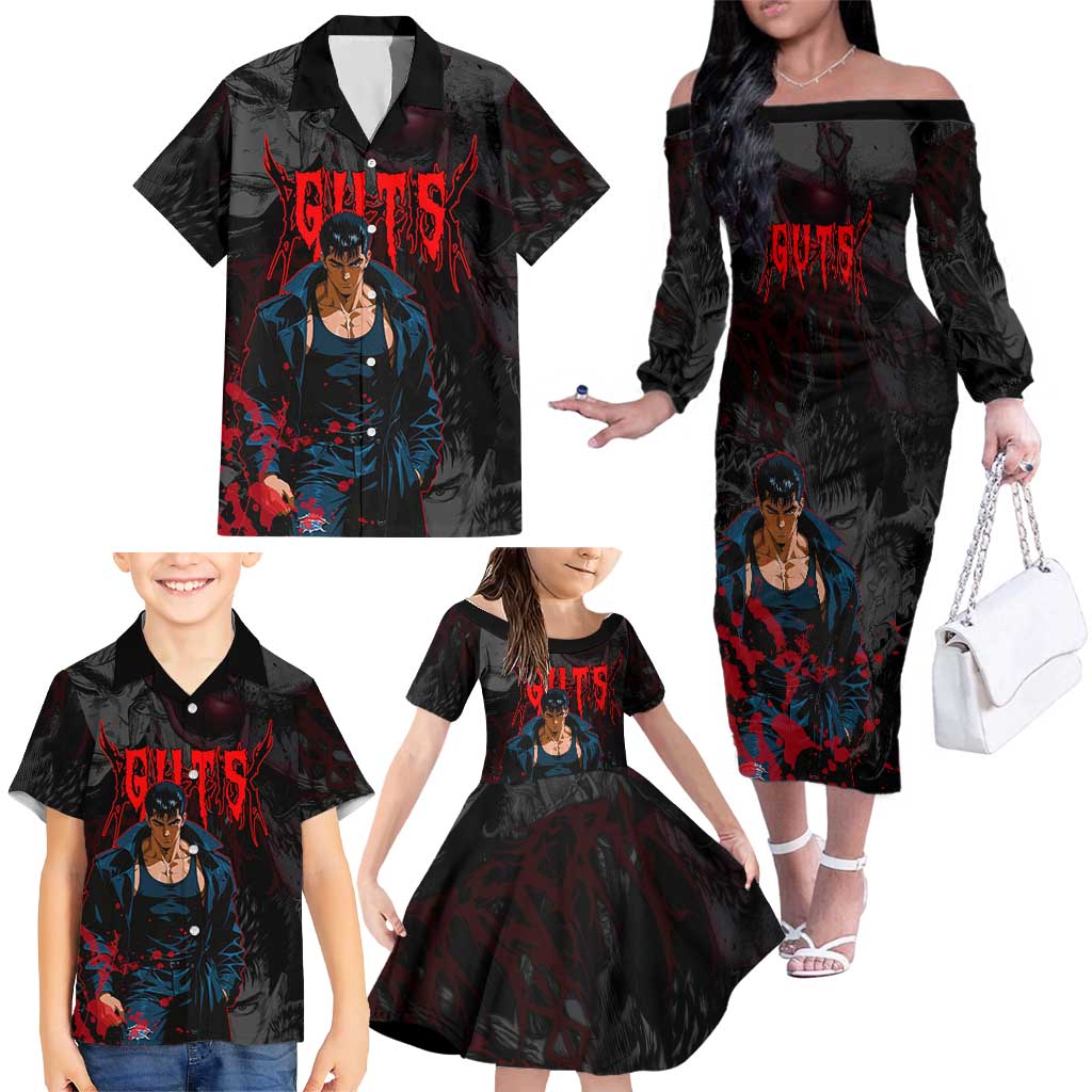 Guts Berserk Dark Theme Family Matching Off The Shoulder Long Sleeve Dress and Hawaiian Shirt with Blood Splatter and Intense Warrior Expression Design