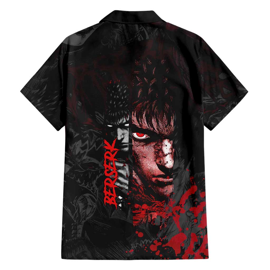 Guts Berserk Dark Theme Family Matching Off The Shoulder Long Sleeve Dress and Hawaiian Shirt with Blood Splatter and Intense Warrior Expression Design