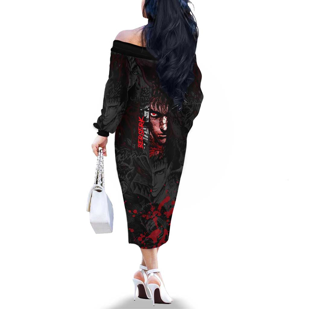 Guts Berserk Dark Theme Family Matching Off The Shoulder Long Sleeve Dress and Hawaiian Shirt with Blood Splatter and Intense Warrior Expression Design